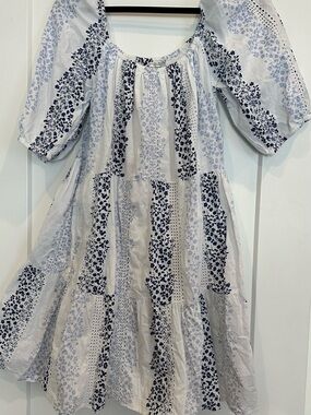 Zara White and Navy Floral Tiered Cotton Dress